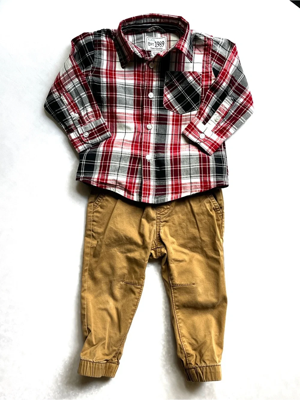 Children’s Place Plaid Button Down & Cat & Jack Khaki Jogger Set 12-18M